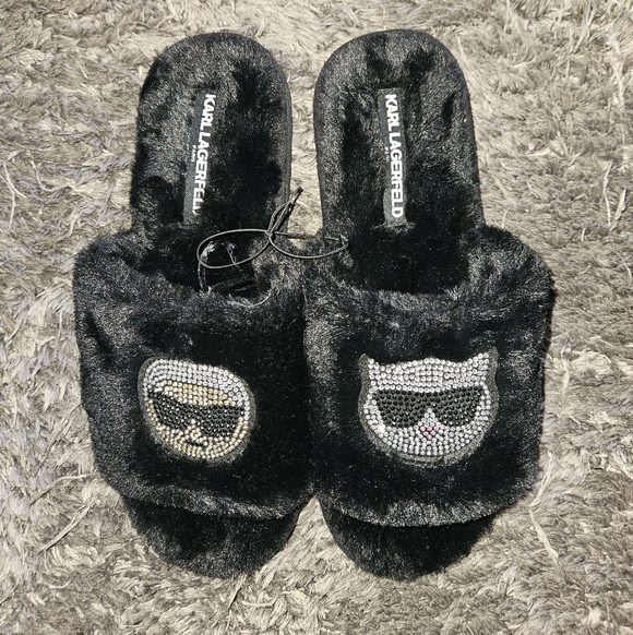 Karl Lagerfeld Black Furry Sequin Slippers - Size 8 🖤 NWOT - Picture 2 of 7